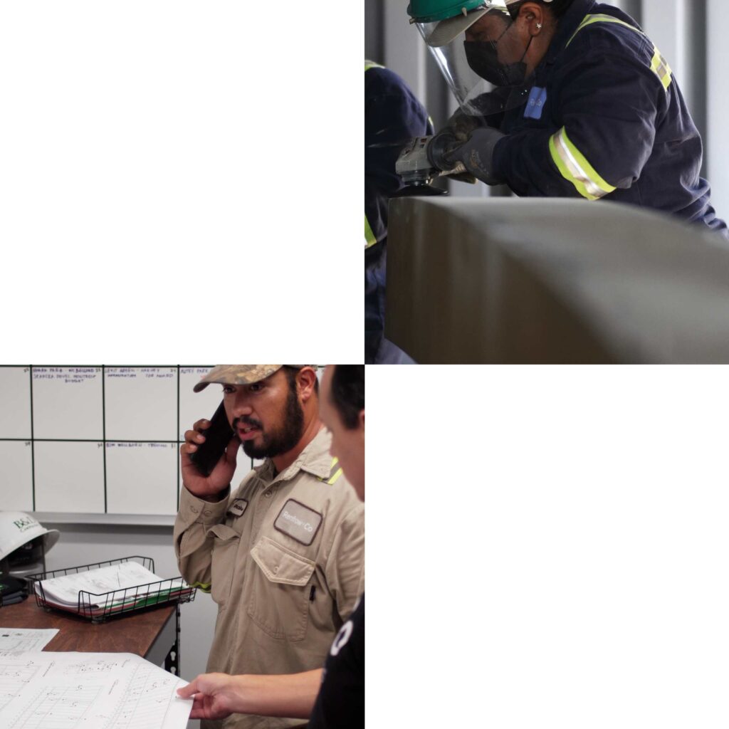 Renfrow Front Office and Shop One construction engineer holding a phone and one working onsite