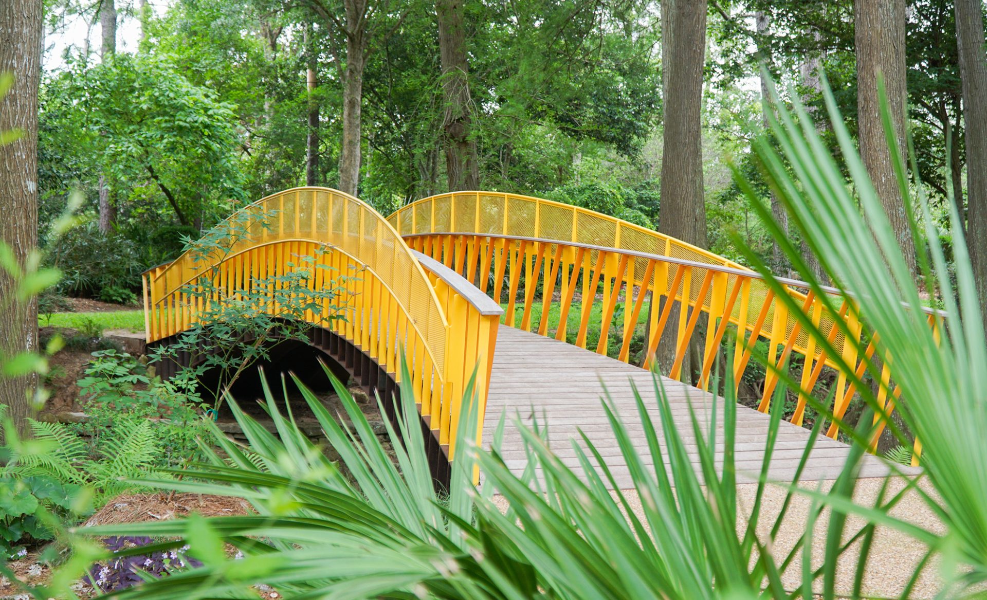 A vibrant yellow bridge, designed by Renfrow+Co, with a curved path, metal mesh panels, and slanted beams, creating a striking contrast in the landscape of John Fairey Garden A vibrant yellow bridge, designed by Renfrow+Co, with a curved path, metal mesh panels, and slanted beams, creating a striking contrast in the landscape of John Fairey Garden