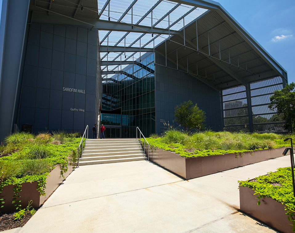 Close-up of precise architectural metal work at Rice University's new visual arts building, Sarofim Hall.