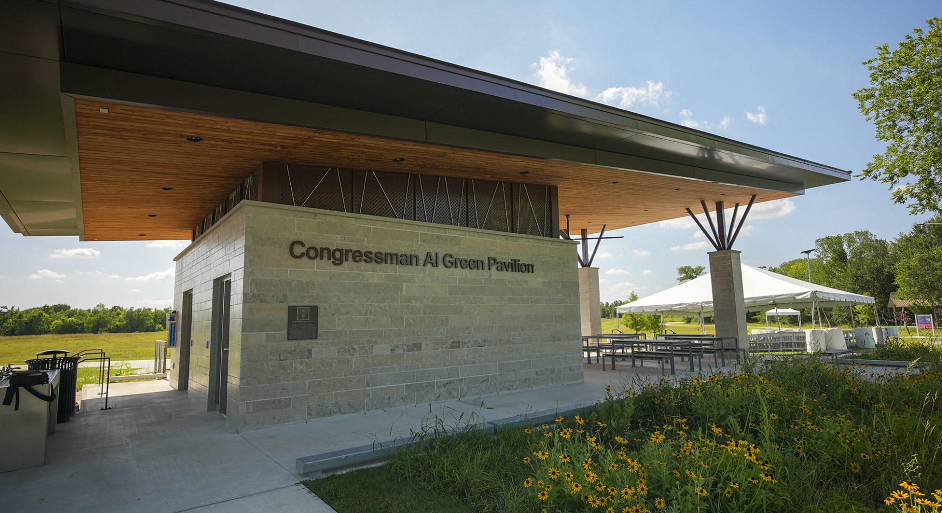 The Congressman Al Green Pavilion at Hill at Sims Park, showcasing custom painted steel and seamless woodwork in Houston.