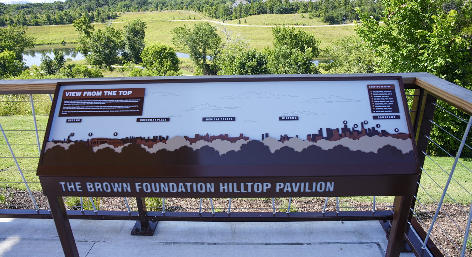 Custom fabricated wayfinding signage detailing the Houston skyline