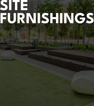 Modern outdoor benches, seating, and furnishings designed by Renfrow+Co in a landscaped urban park, featuring custom woodworking and architectural metal works