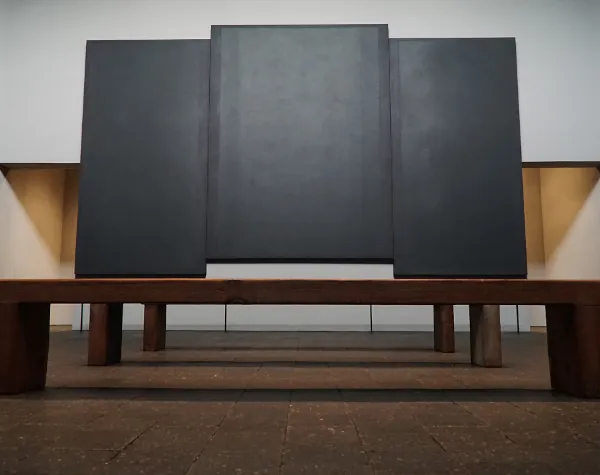 Renfrow+Co's refurbished wooden bench in front of a large triptych artwork at Rothko Chapel Renfrow+Co's refurbished wooden bench in front of a large triptych artwork at Rothko Chapel
