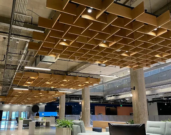 Interior view of The Ion with a unique suspended ceiling made of wooden panels, fabricated and installed by Renfrow+Co