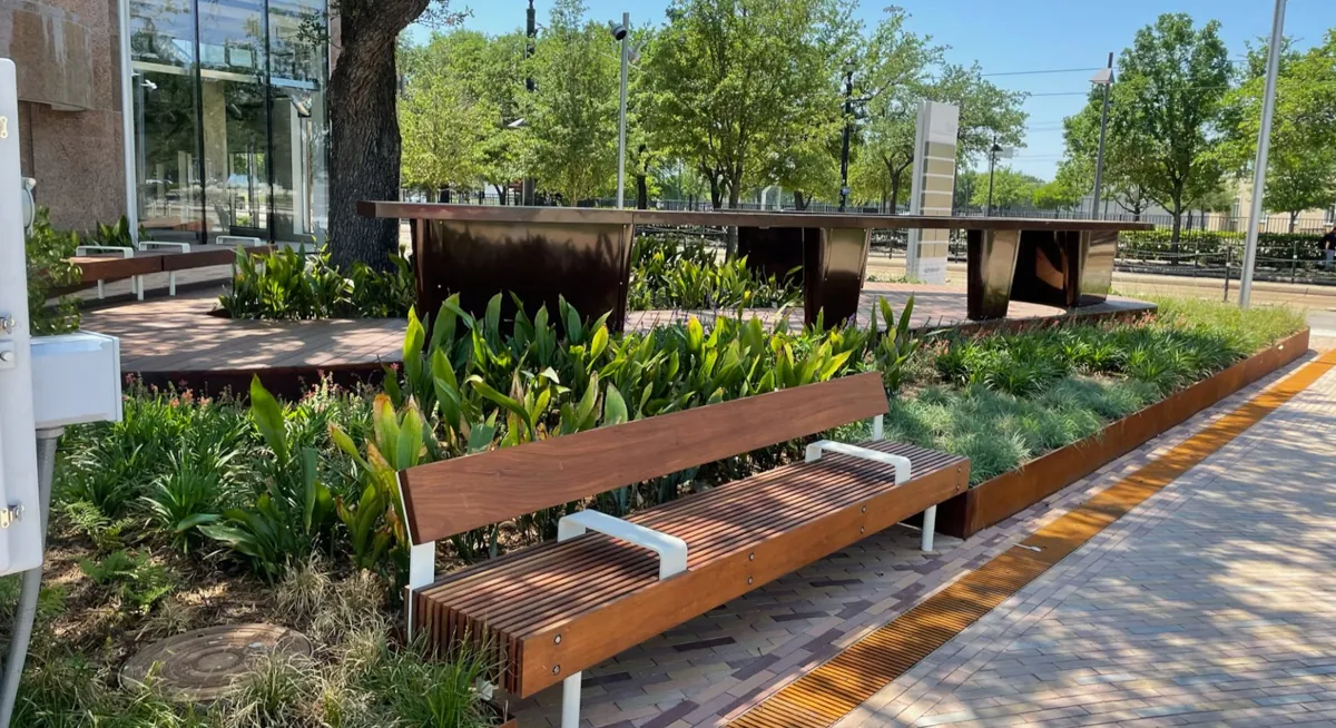 Renfrow+Co crafted wooden benches and Corten steel planters on The Ion's outdoor deck