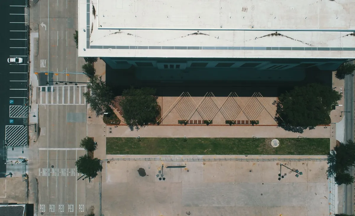 Aerial view of The Ion Houston's outdoor space, featuring Renfrow+Co's custom steel structures as part of the landscape design