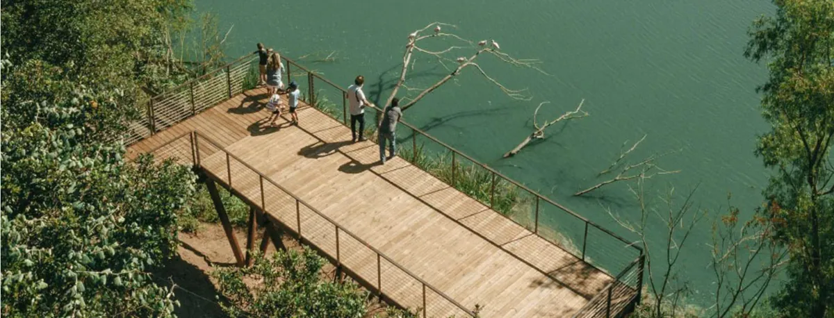 People enjoying the elevated walkway at High Island, constructed with rust-resistant steel by Renfrow+Co, offering a scenic view of the natural habitat below